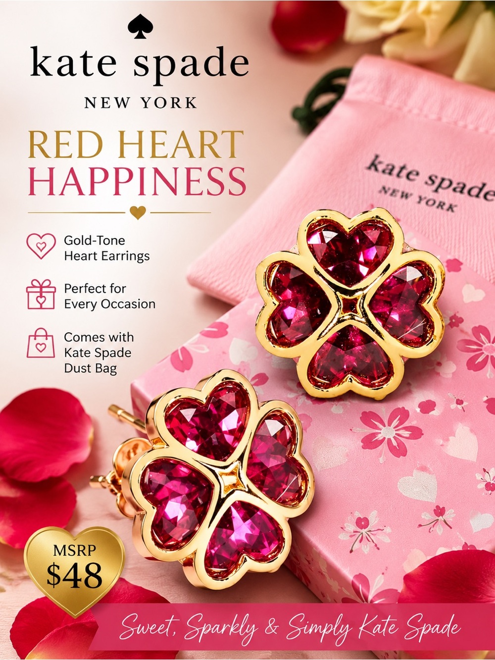 Kate Spade Gold & Red Heart-Shaped Something Sparkly Earrings NWT & Dust Bag